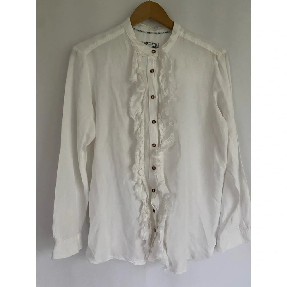 Pilcro Ruffled Button Down Top Shirt Women’s White Linen Blend Romantic - Picture 2 of 4